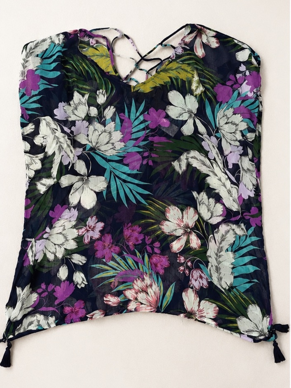 Kona Sol Black Tropical Floral Swim Coverup with Purple & Teal Accents